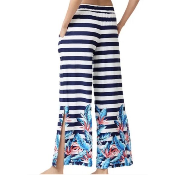 Tommy Bahama Beach Pants XL Navy Stripe Tropical Print Wide Leg Palmsparose NWT - Picture 4 of 11